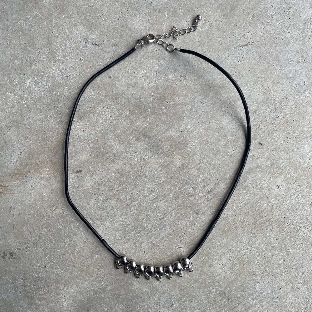 Black Leather and Silver Skull Pendant Necklace